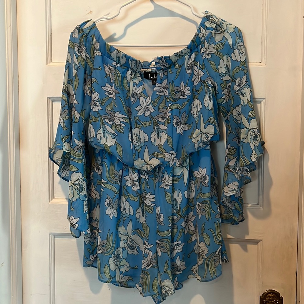 Lulus blue off the shoulder romper.